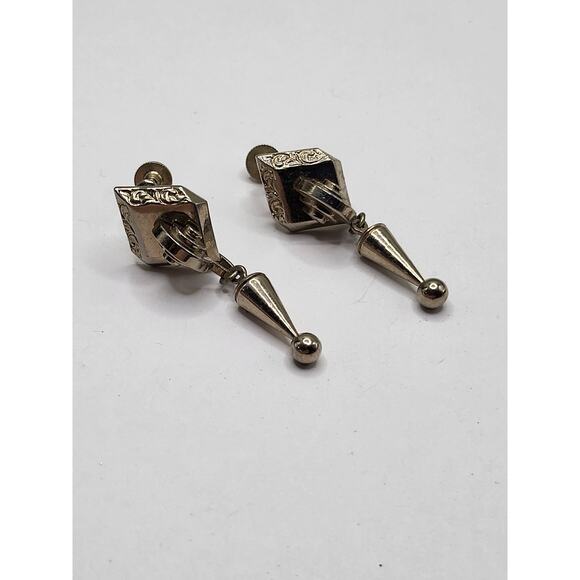 Vintage Art Deco Style Screw Back Earrings Geometric Drop Silver Tone - Picture 2 of 4